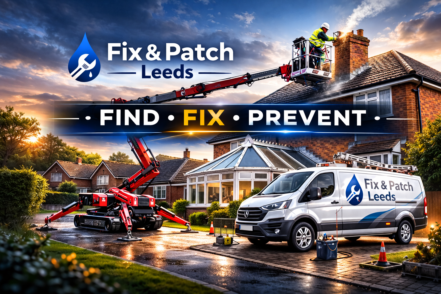 Fix & Patch Leeds cover image showing high-access roofing and repair work in Leeds